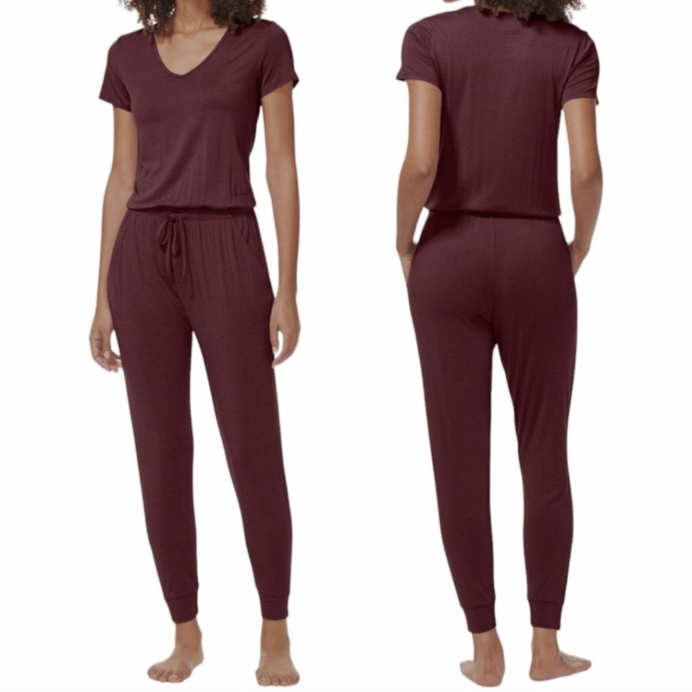 Tommy John Short Sleeve Lounge Jumpsuit Womens L Burgundy V-Neck Relaxed…